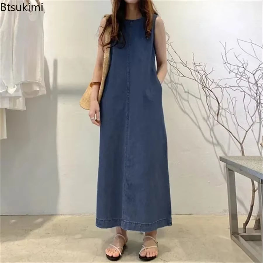2026 Women'S Summer Sleeveless Jeans Dress Simple Style Solid Elegant Dress Robe Female Pocket Design Commuter Gown Dress 5XL