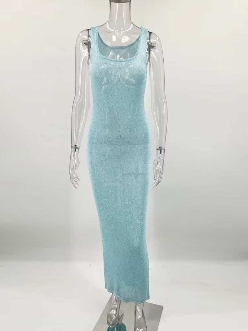 Sequin Slim Scoop Neck Maxi Dress Female Backless Glitter See-Through Sexy Patchwork Autumn Dress Women'S Long Dress 2024