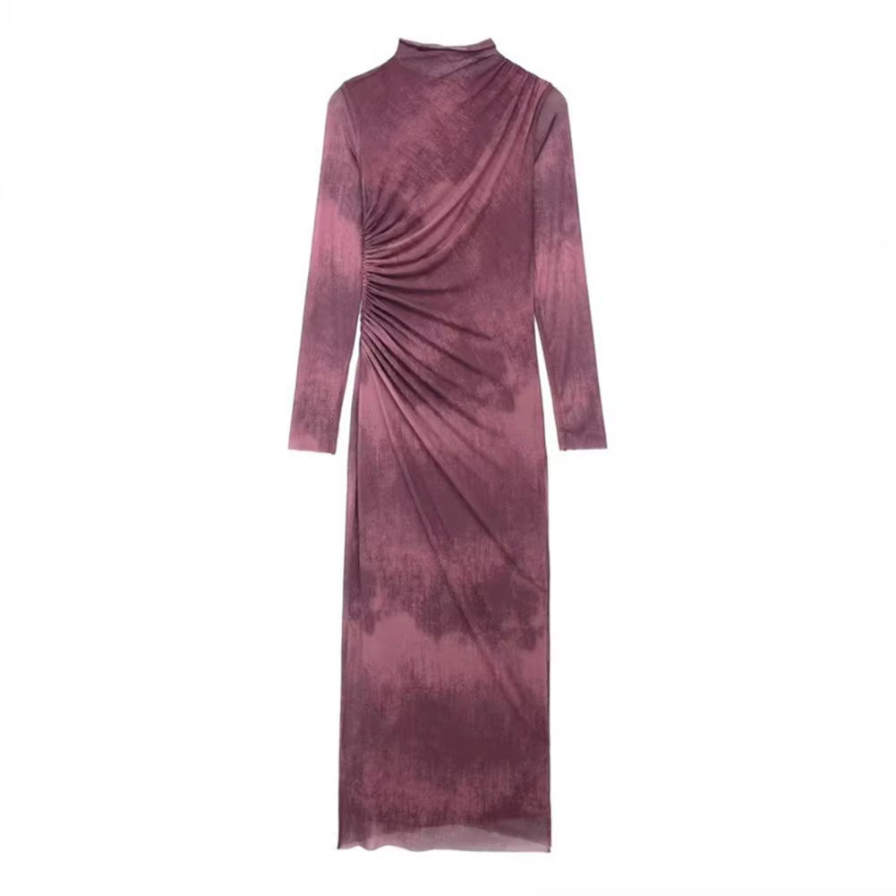 Fashionable Midi Skirt Dress Elegant Pleated Midi Dress for Women Slim Fit Solid Color Long Sleeve Dress with Half-High Collar