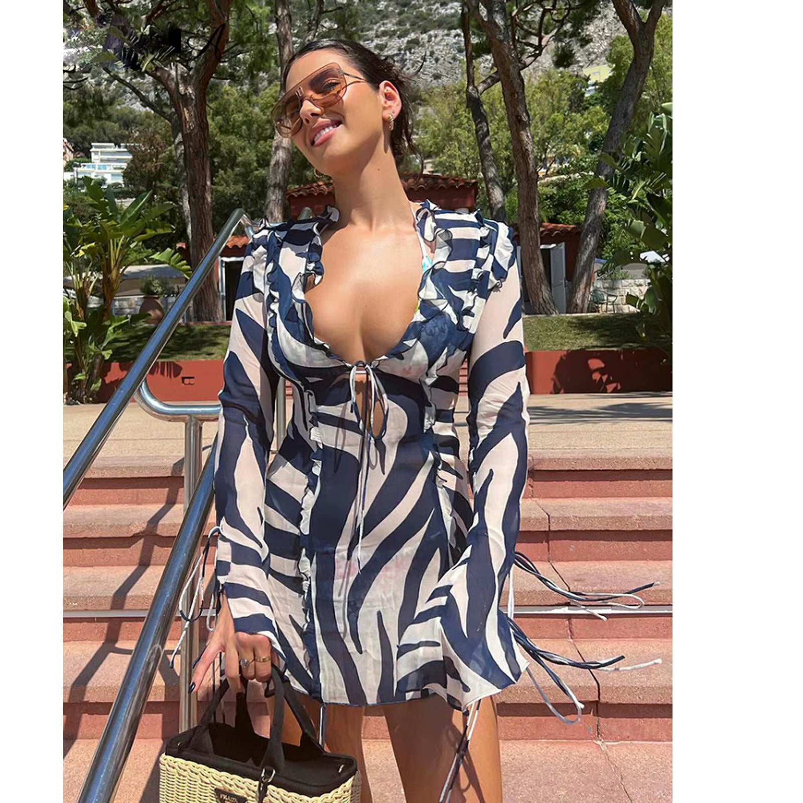 Women'S Summer Boho Bow Tie up Dress Long Sleeve V Neck Zebra Print Ruffled See-Through Cover-Ups Short Mini Sundress