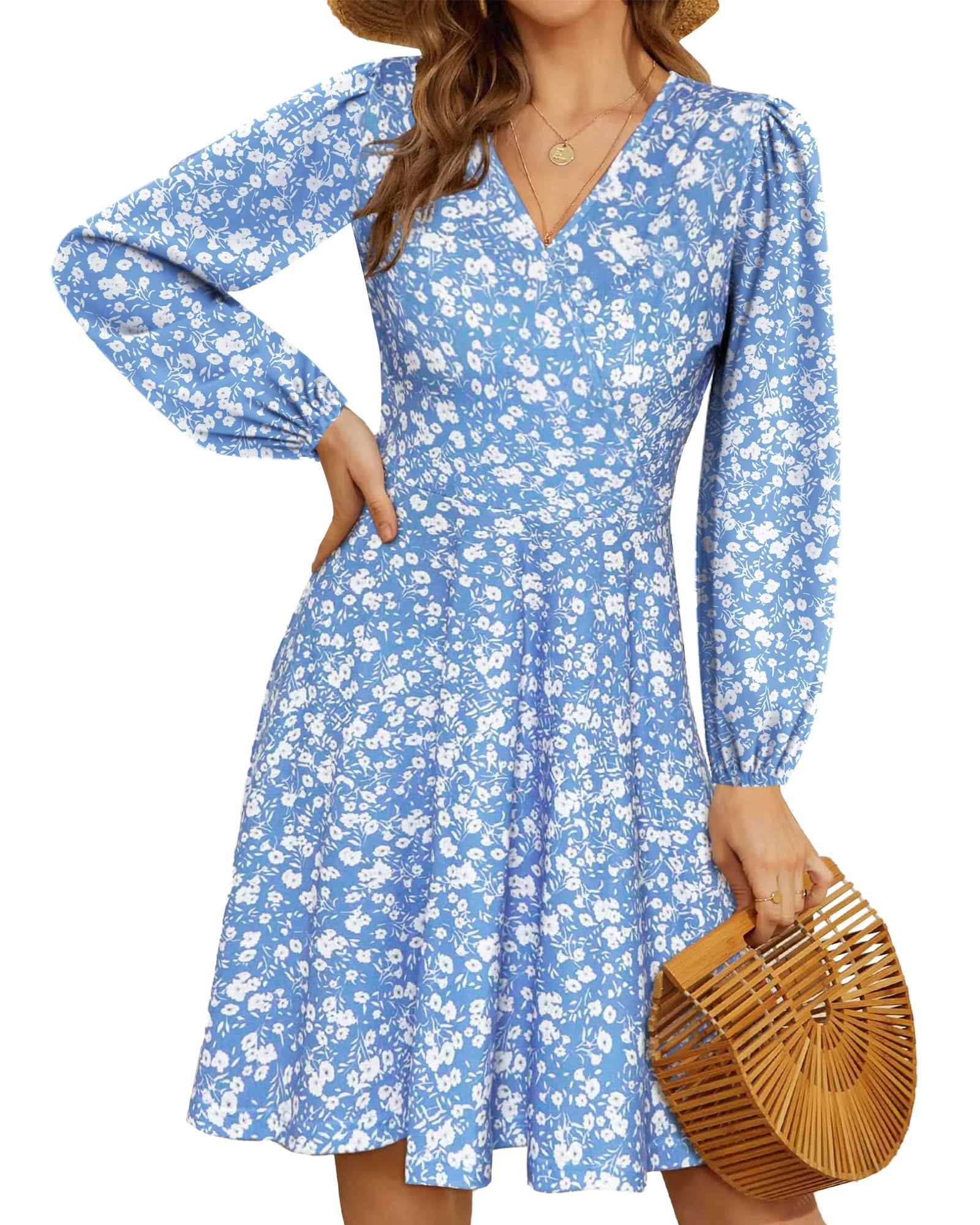 Fall Dresses for Women Long Sleeve V Neck A-Line Midi Dress Boho Beach Floral Print Sundress