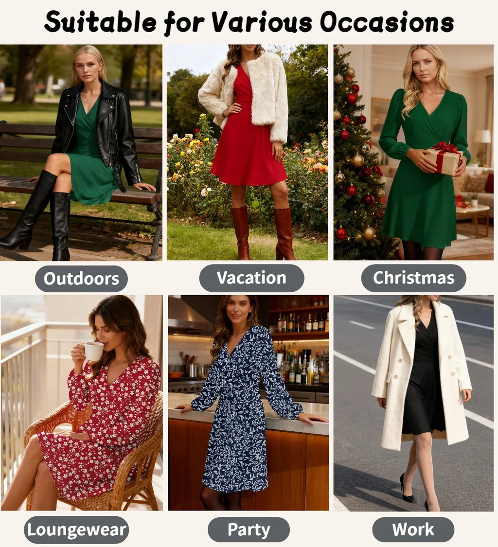 Fall Dresses for Women Long Sleeve V Neck A-Line Midi Dress Boho Beach Floral Print Sundress