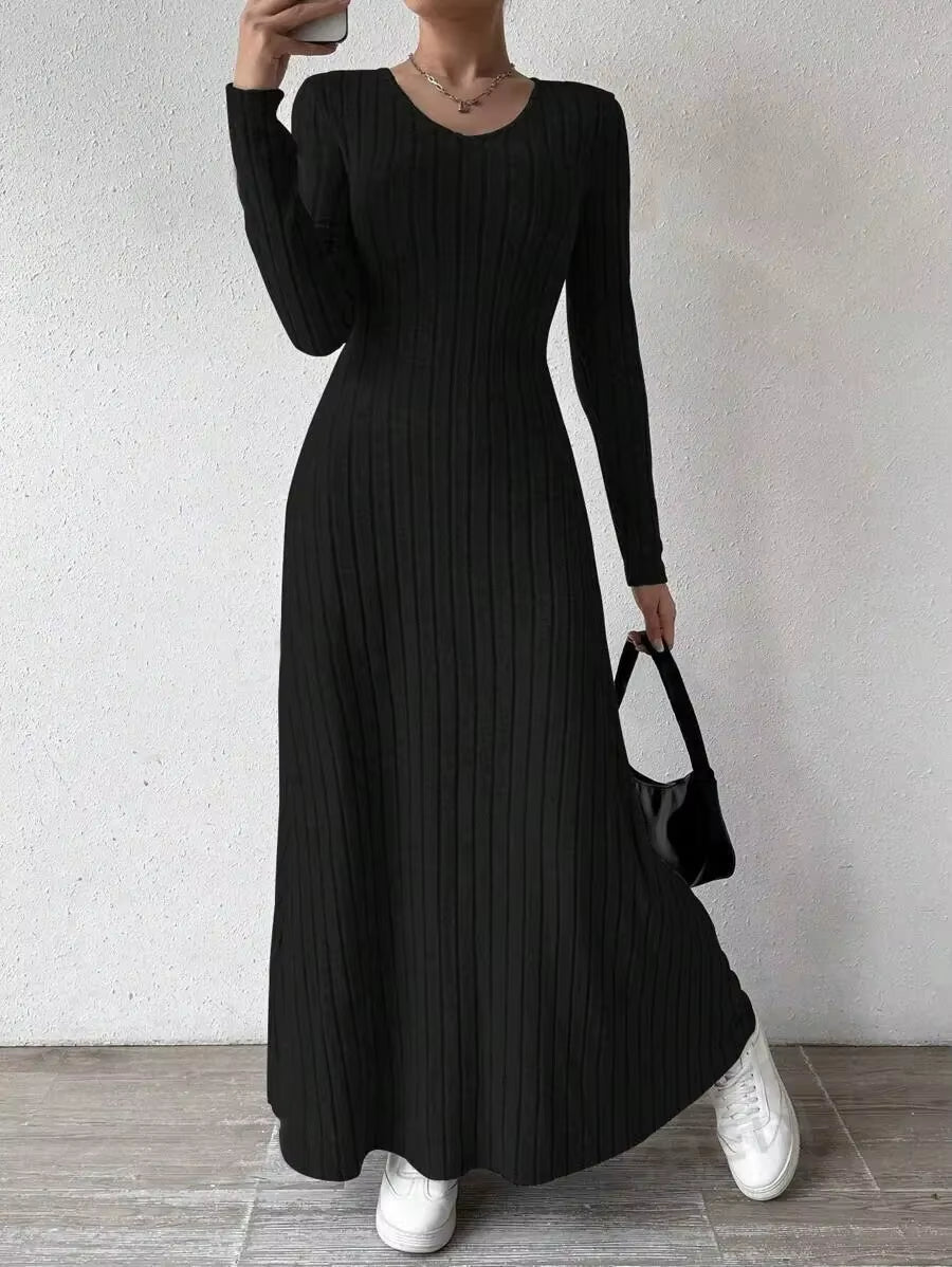 Fashionable Knitted Long Sleeve A- Line Streetwear Dress for Women Smooths and Slims Your Silhouette Solid Color Long Dress