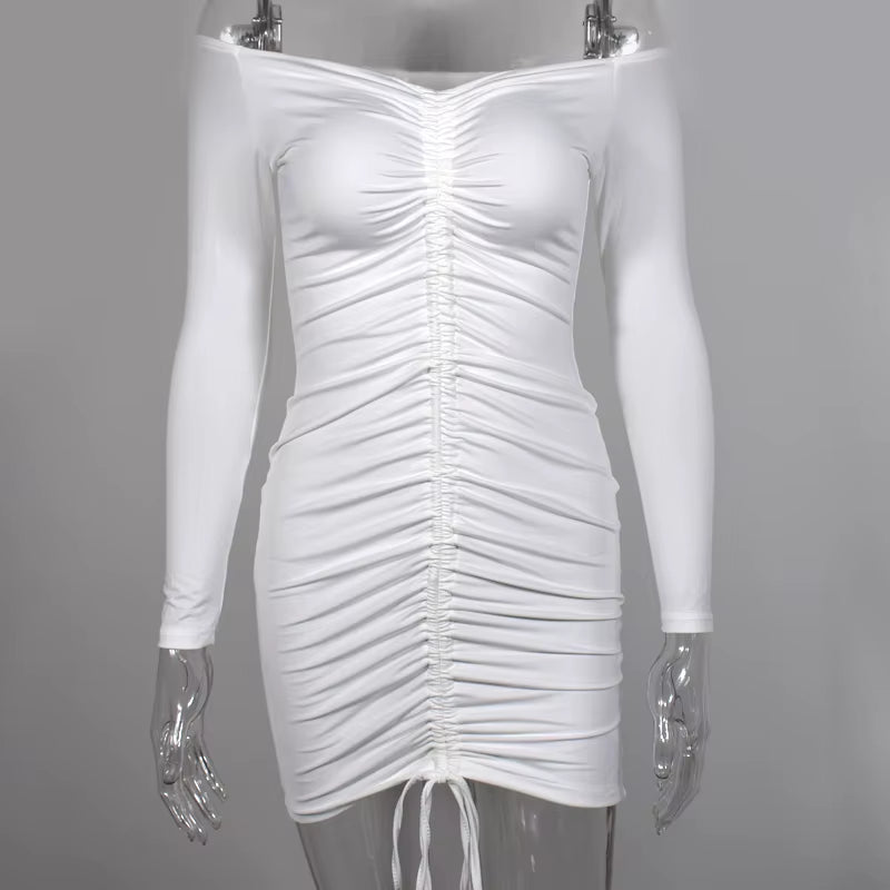 Drawstring Ruched Mini Dress Women off Shoulder Long Sleeve Autumn Pleat White Bodycon Dress Party Clubwear Blue