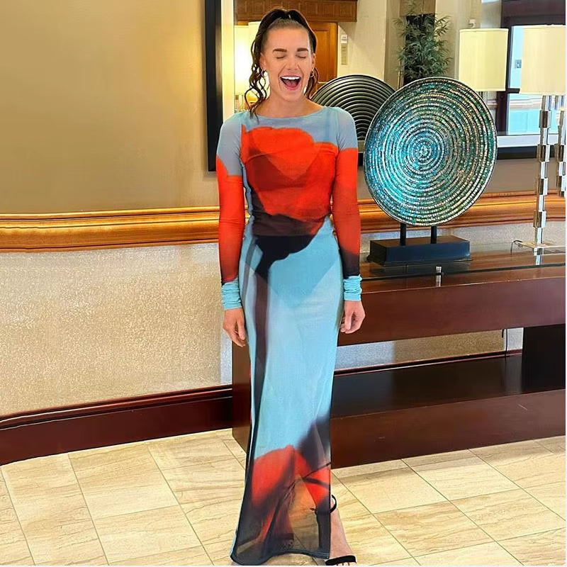 Sexy Women’S Slim Fit Long Dress Cover-Ups Sheer Mesh Long Sleeve Floral Print Beach Dress Side Split Bikini Cover-Ups