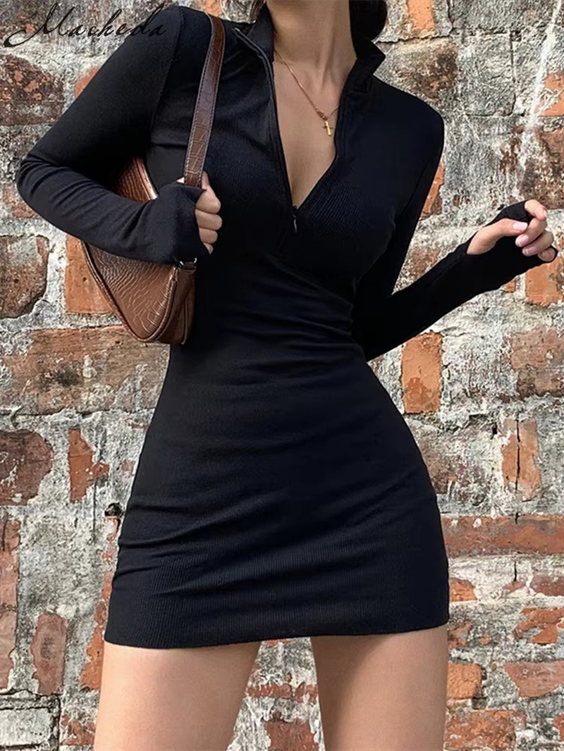 Elegant Autumn Winter Black Bodycon Dress Women 2022 Turtleneck Slim Ribbed Knitted Long Sleeve Mini Dress Vestido