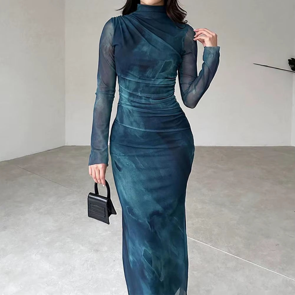 Fashionable Midi Skirt Dress Elegant Pleated Midi Dress for Women Slim Fit Solid Color Long Sleeve Dress with Half-High Collar