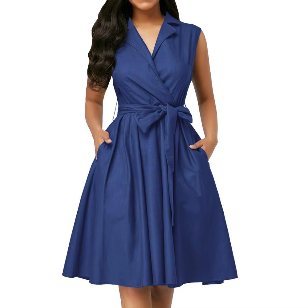 Women Dresses Sleeveless Notched Solid Navy Blue with Bow Sashes Summer A-Line Beach Office Dress 2025 Burgundy Party Vestidos