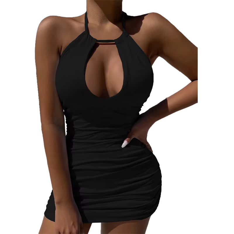 2023 Summer Party Dress Elegant Women'S Sexy Bodycon Dress Halter Solid Hollow Mini Dress Casual Slim Fit Fashion Mini Dress