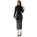 Fashionable Midi Skirt Dress Elegant Pleated Midi Dress for Women Slim Fit Solid Color Long Sleeve Dress with Half-High Collar