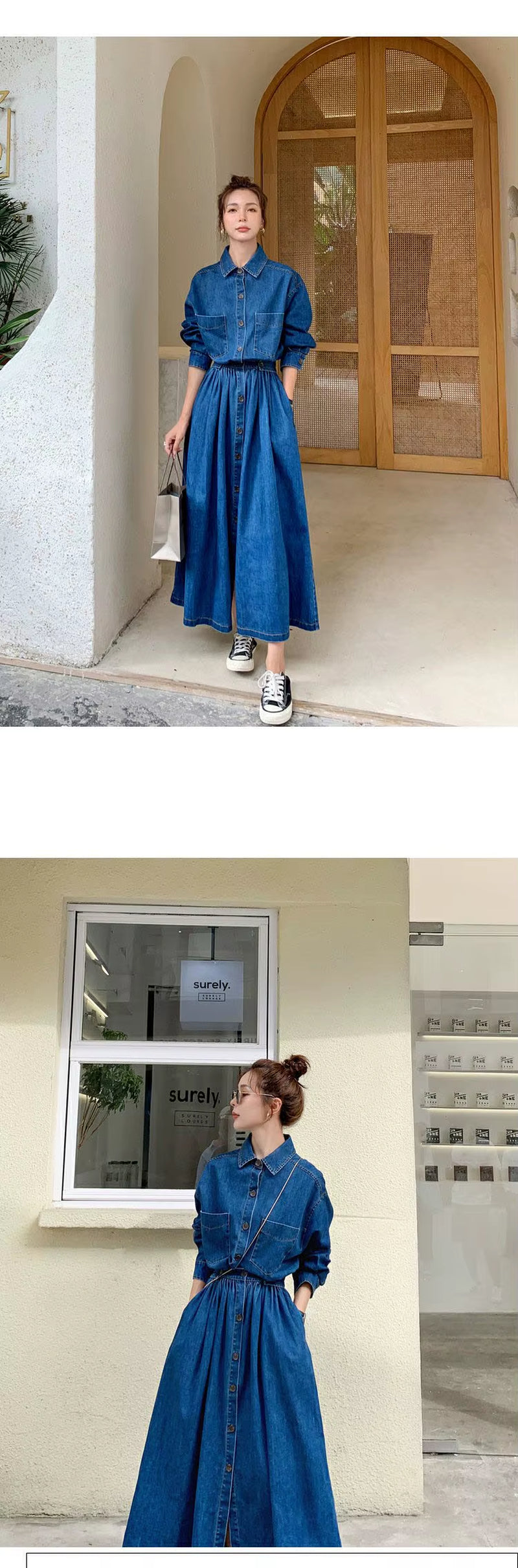 Long Sleeve Denim Dress Women 2021 Spring Summer Fashion Korean Style Maxi Ankle-Length Jeans Ladies Clothes Luxury Outwear