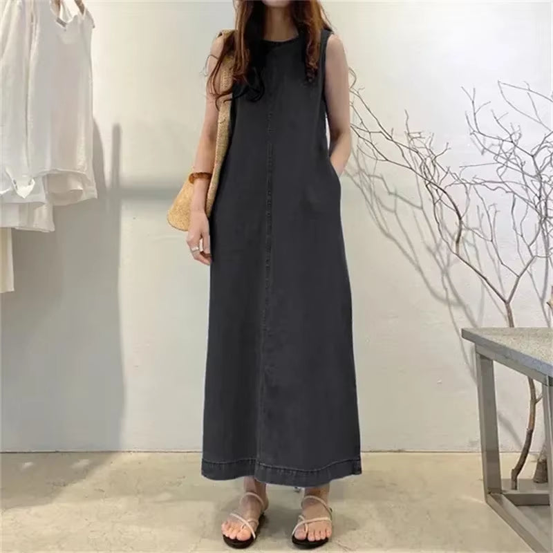 2026 Women'S Summer Sleeveless Jeans Dress Simple Style Solid Elegant Dress Robe Female Pocket Design Commuter Gown Dress 5XL