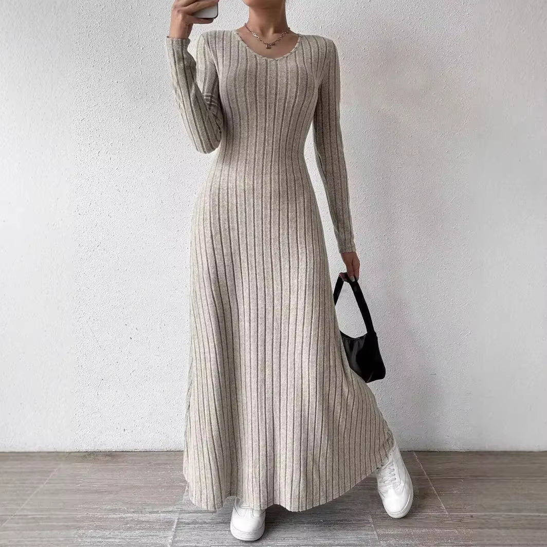 Fashionable Knitted Long Sleeve A- Line Streetwear Dress for Women Smooths and Slims Your Silhouette Solid Color Long Dress