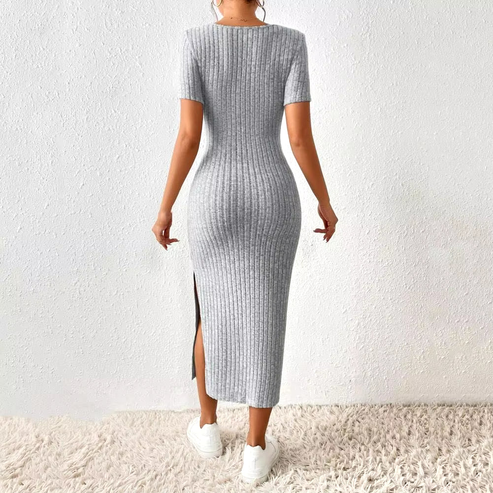Solid Color Square Neckline Dress Elegant Square Neck Knitted Midi Dress for Women Solid Color Party Commute Dress with Short