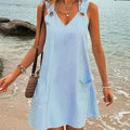 New Blue and White Striped Sleeveless V-Neck Pocket plus Size Women'S Dress for Summer