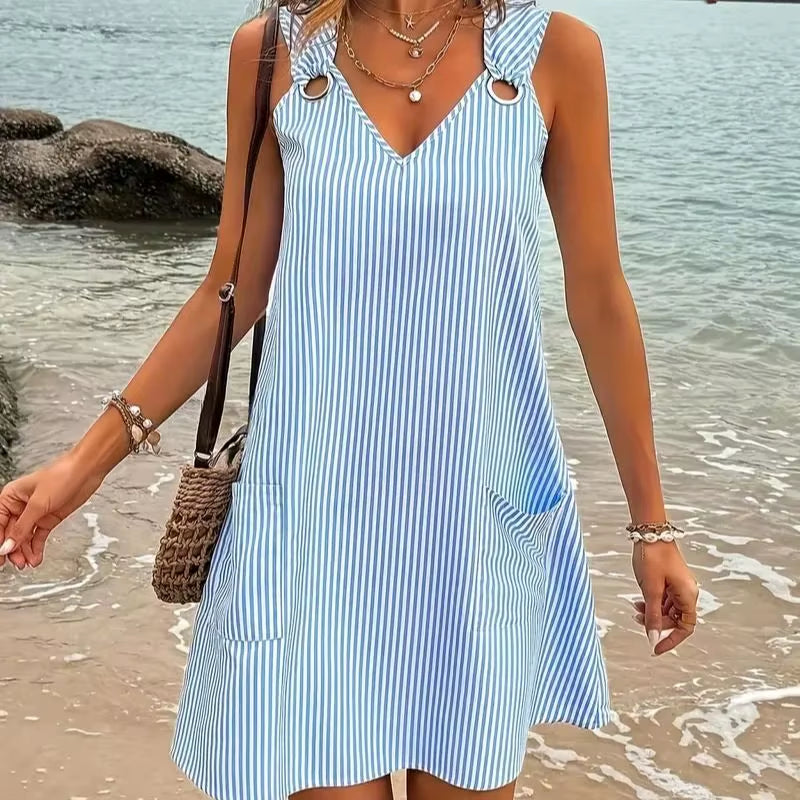 New Blue and White Striped Sleeveless V-Neck Pocket plus Size Women'S Dress for Summer