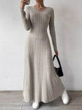 Fashionable Knitted Long Sleeve A- Line Streetwear Dress for Women Smooths and Slims Your Silhouette Solid Color Long Dress