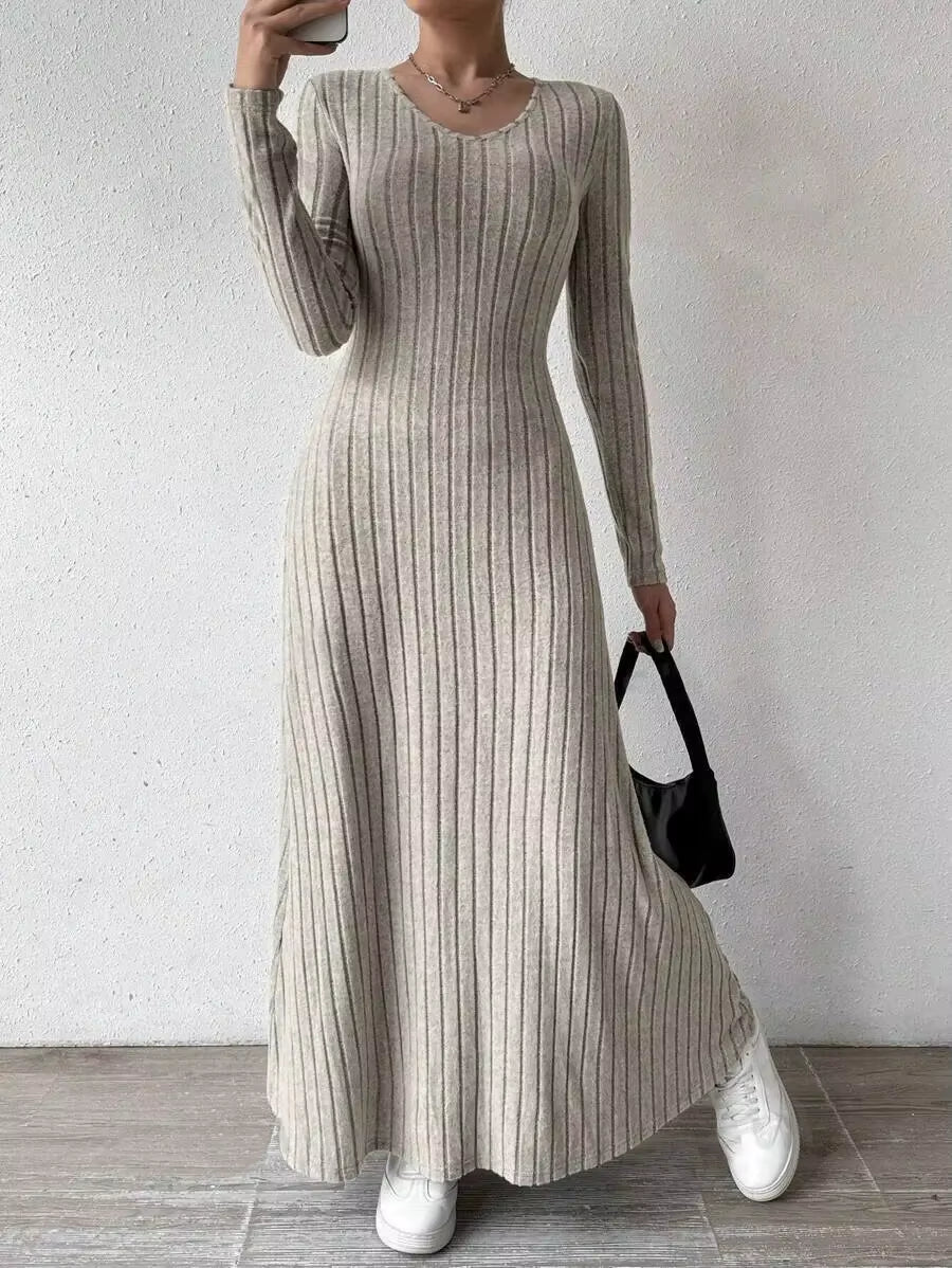 Fashionable Knitted Long Sleeve A- Line Streetwear Dress for Women Smooths and Slims Your Silhouette Solid Color Long Dress