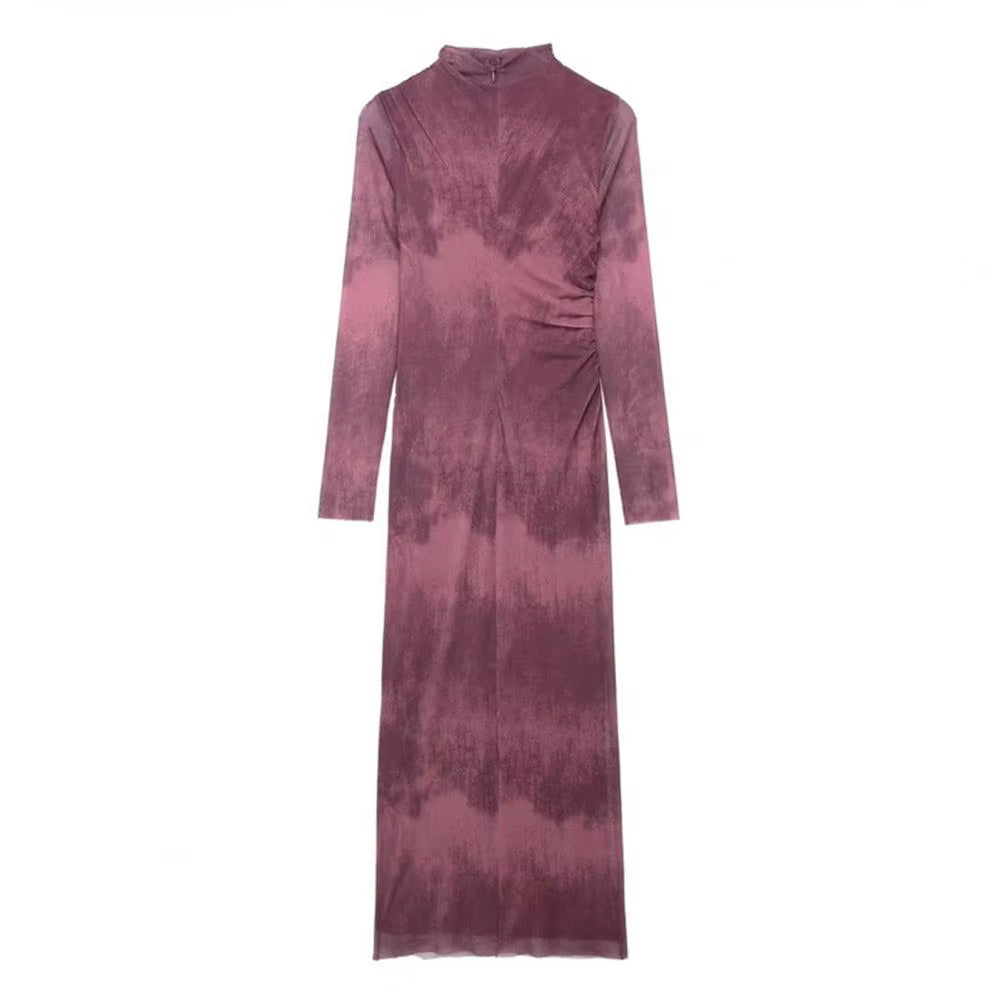 Fashionable Midi Skirt Dress Elegant Pleated Midi Dress for Women Slim Fit Solid Color Long Sleeve Dress with Half-High Collar