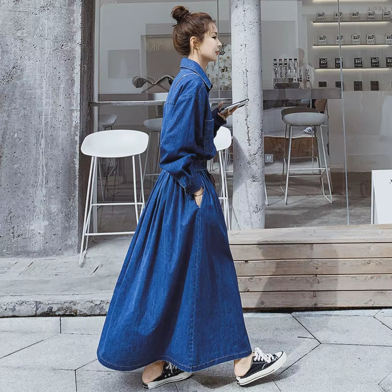 Long Sleeve Denim Dress Women 2021 Spring Summer Fashion Korean Style Maxi Ankle-Length Jeans Ladies Clothes Luxury Outwear