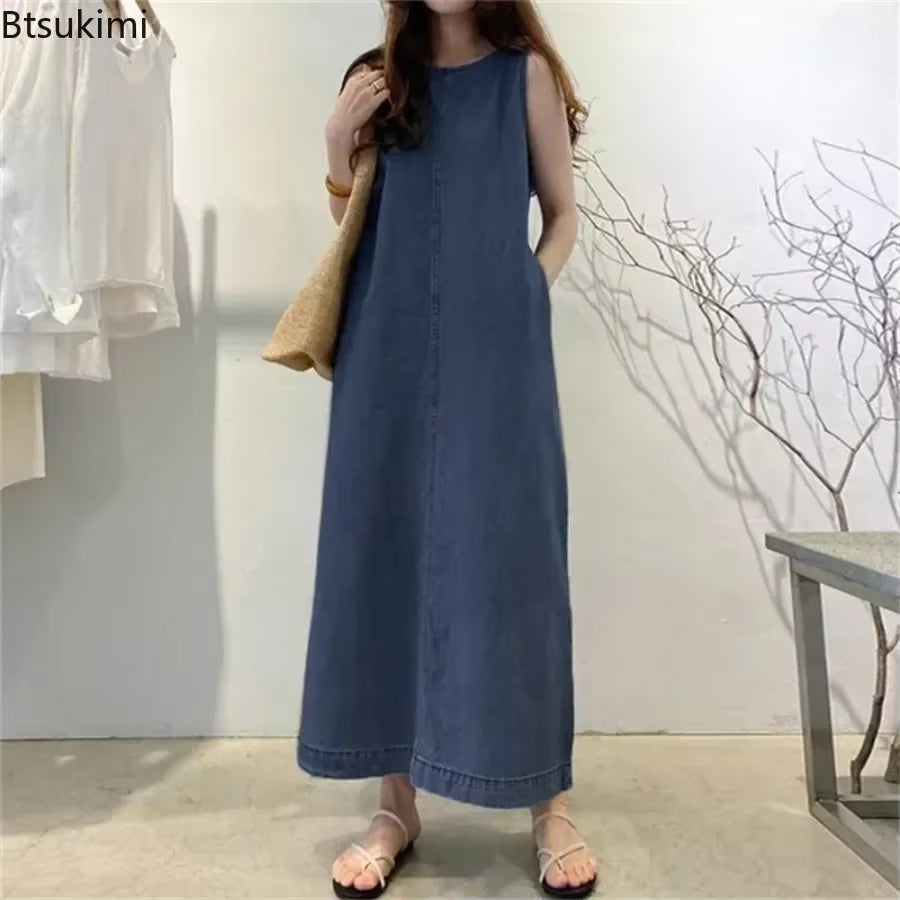 2026 Women'S Summer Sleeveless Jeans Dress Simple Style Solid Elegant Dress Robe Female Pocket Design Commuter Gown Dress 5XL