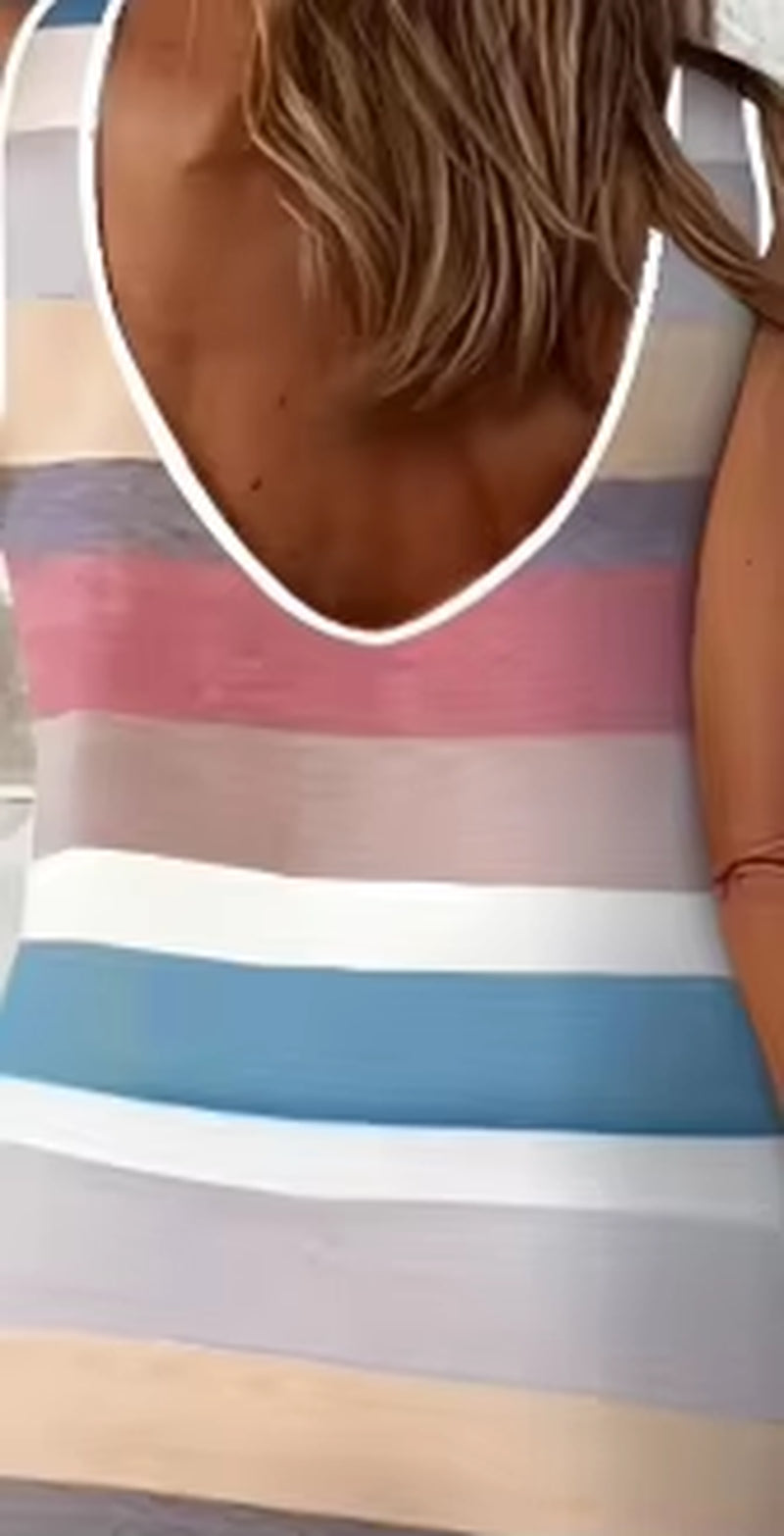Striped Colorblock Split Hem Tank Dress Elegant Crew Neck Sleeveless Dress for Spring Summer Women'S Clothing