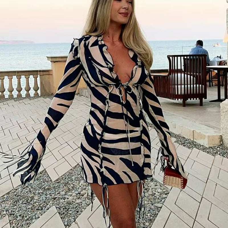 Women'S Summer Boho Bow Tie up Dress Long Sleeve V Neck Zebra Print Ruffled See-Through Cover-Ups Short Mini Sundress