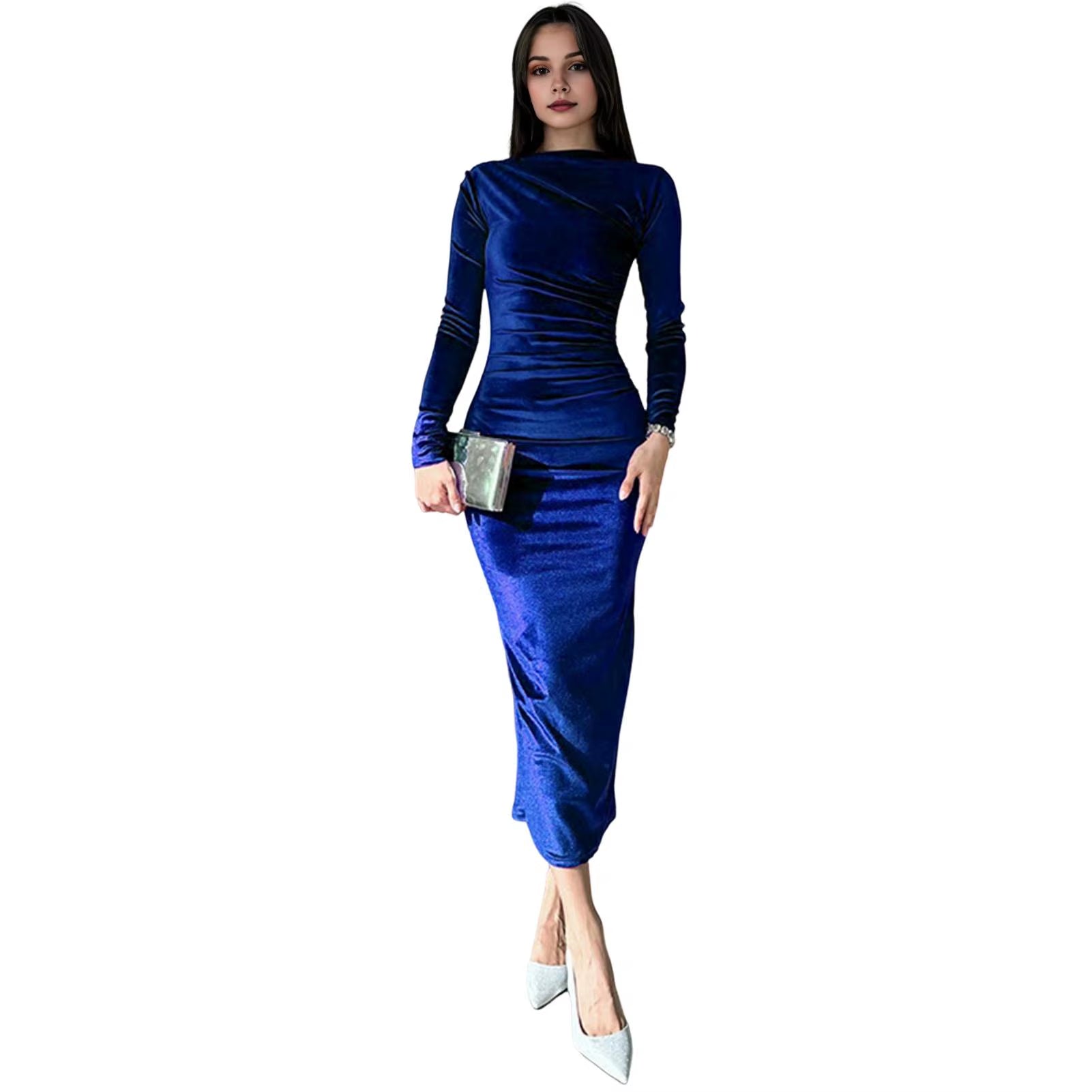 Fashionable Midi Skirt Dress Elegant Pleated Midi Dress for Women Slim Fit Solid Color Long Sleeve Dress with Half-High Collar
