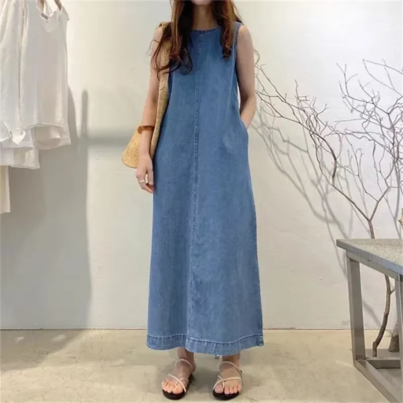 2026 Women'S Summer Sleeveless Jeans Dress Simple Style Solid Elegant Dress Robe Female Pocket Design Commuter Gown Dress 5XL
