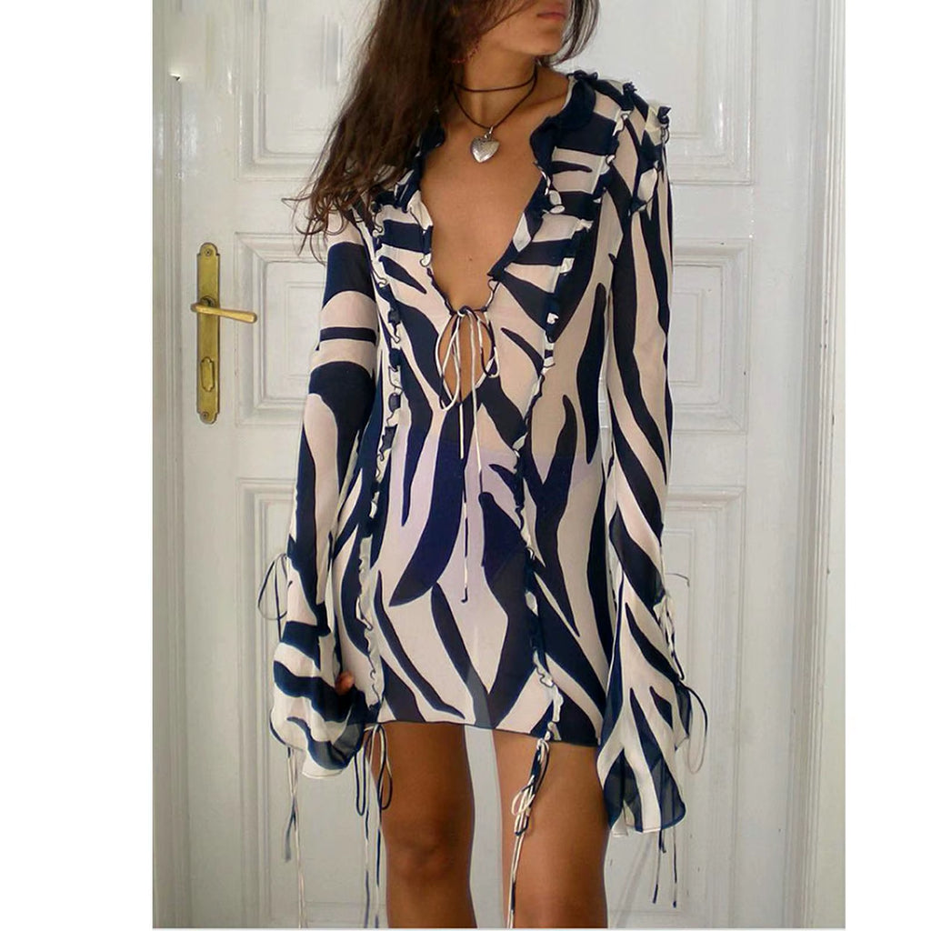 Women'S Summer Boho Bow Tie up Dress Long Sleeve V Neck Zebra Print Ruffled See-Through Cover-Ups Short Mini Sundress
