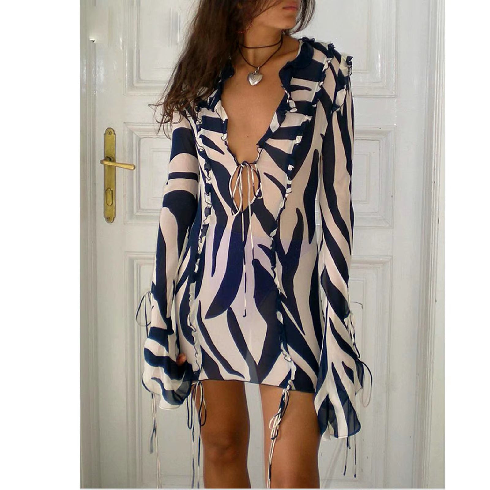 Women'S Summer Boho Bow Tie up Dress Long Sleeve V Neck Zebra Print Ruffled See-Through Cover-Ups Short Mini Sundress