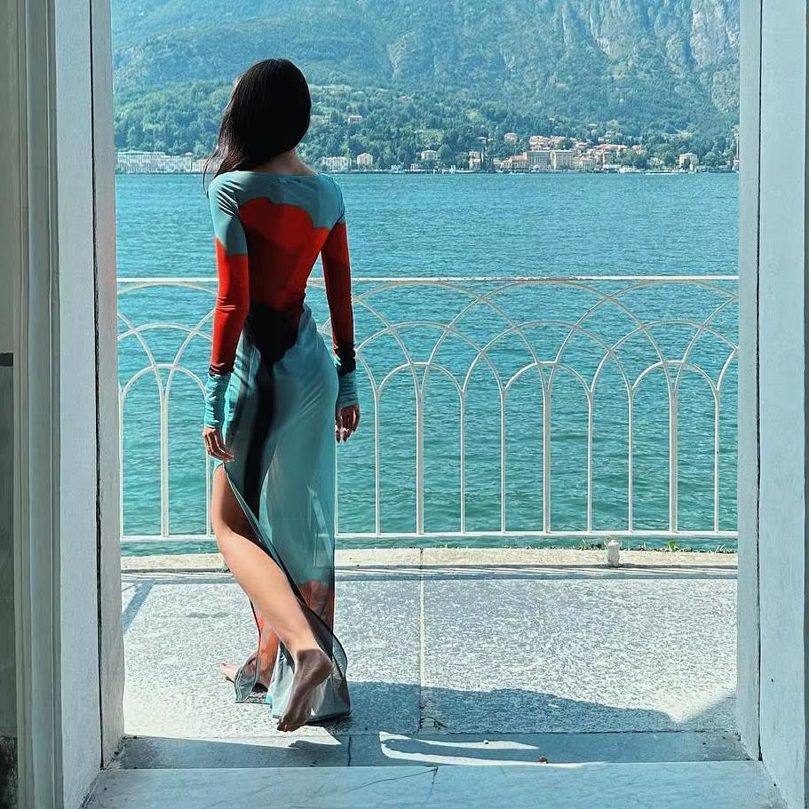 Sexy Women’S Slim Fit Long Dress Cover-Ups Sheer Mesh Long Sleeve Floral Print Beach Dress Side Split Bikini Cover-Ups