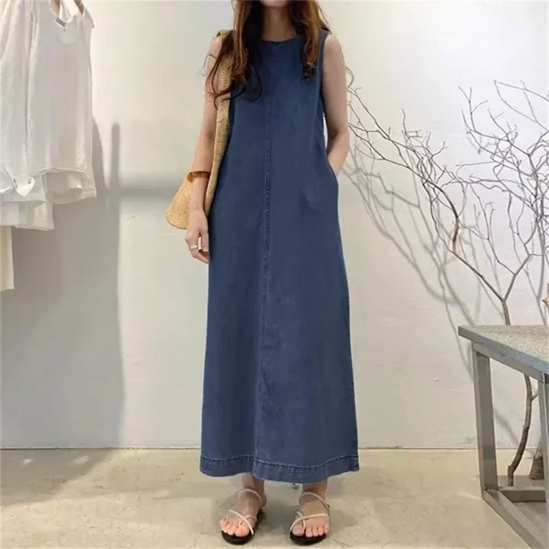 2026 Women'S Summer Sleeveless Jeans Dress Simple Style Solid Elegant Dress Robe Female Pocket Design Commuter Gown Dress 5XL