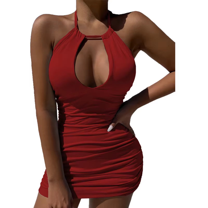 2023 Summer Party Dress Elegant Women'S Sexy Bodycon Dress Halter Solid Hollow Mini Dress Casual Slim Fit Fashion Mini Dress