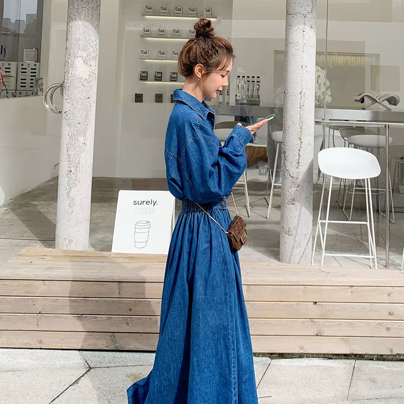 Long Sleeve Denim Dress Women 2021 Spring Summer Fashion Korean Style Maxi Ankle-Length Jeans Ladies Clothes Luxury Outwear