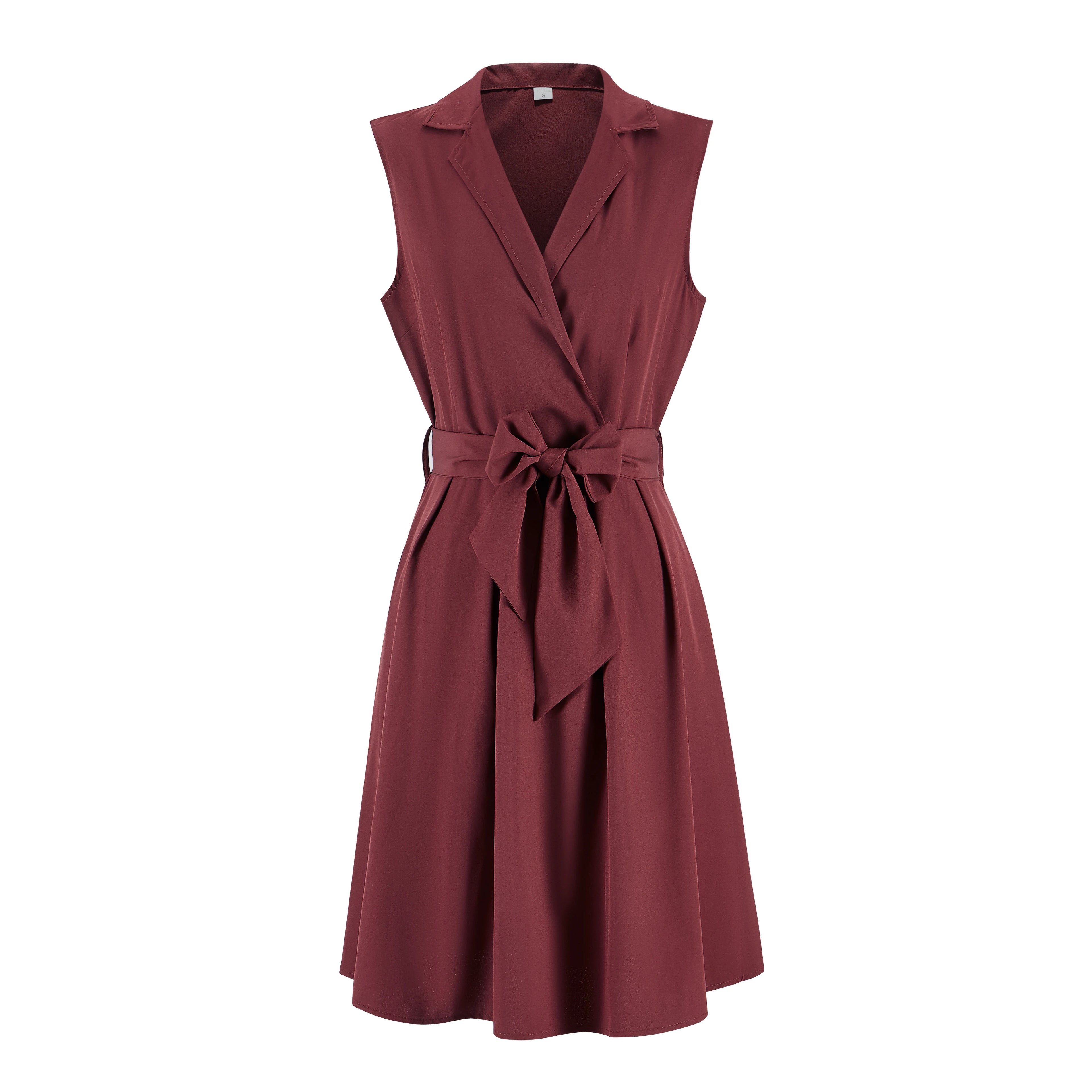 Women Dresses Sleeveless Notched Solid Navy Blue with Bow Sashes Summer A-Line Beach Office Dress 2025 Burgundy Party Vestidos