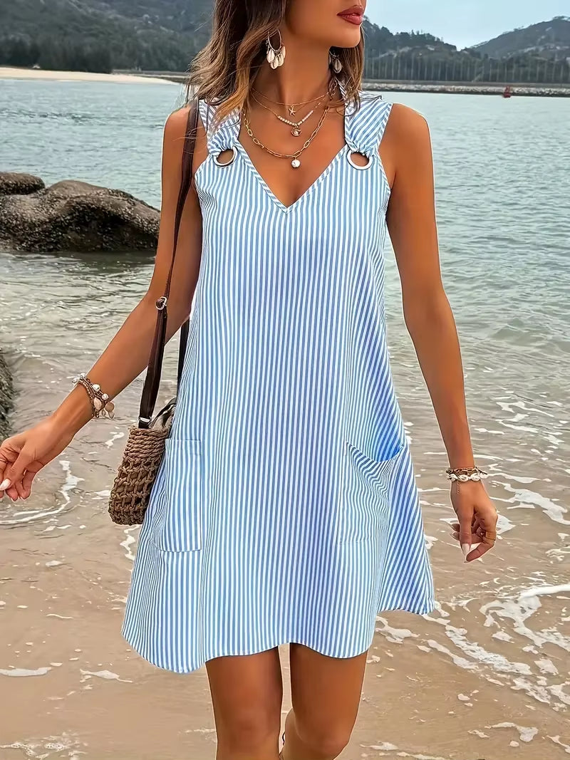 New Blue and White Striped Sleeveless V-Neck Pocket plus Size Women'S Dress for Summer