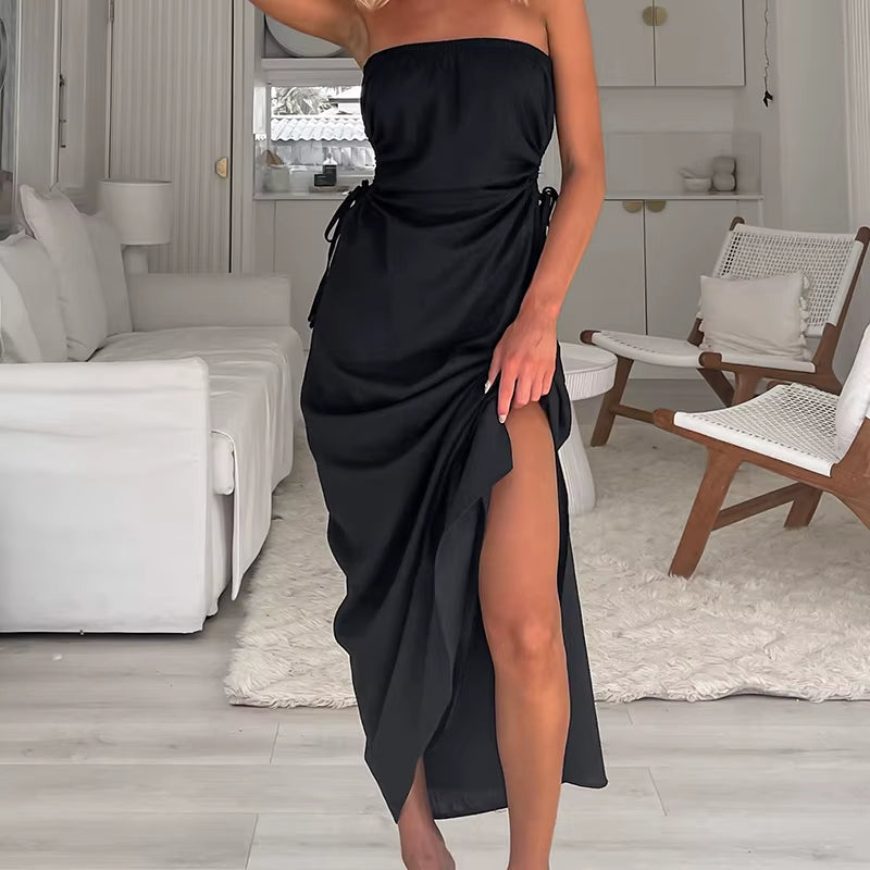 Sexy Solid Dress New Women Summer Split Strapless Slim A-Line Dress Female Fashion off Shoulder Club Elegant Party Maxi Dress