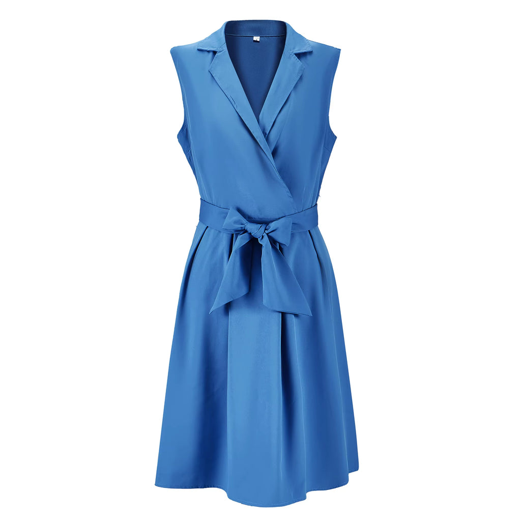 Women Dresses Sleeveless Notched Solid Navy Blue with Bow Sashes Summer A-Line Beach Office Dress 2025 Burgundy Party Vestidos