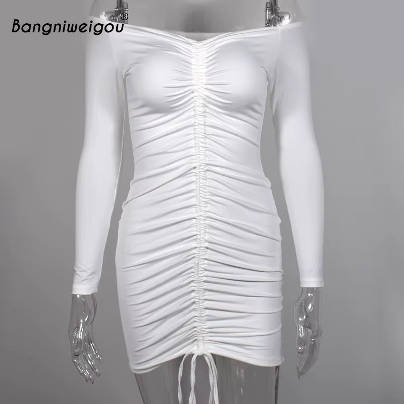 Drawstring Ruched Mini Dress Women off Shoulder Long Sleeve Autumn Pleat White Bodycon Dress Party Clubwear Blue