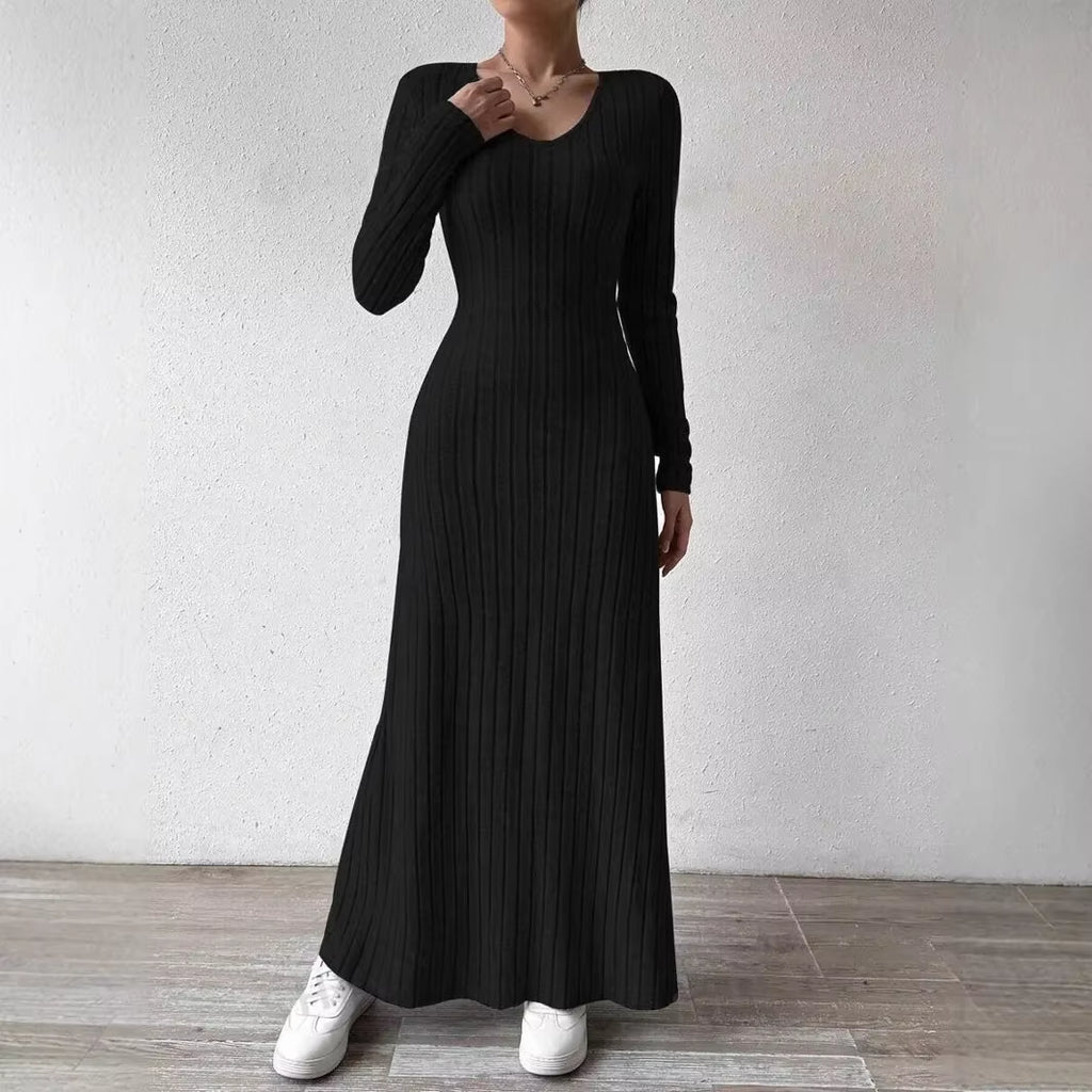 Fashionable Knitted Long Sleeve A- Line Streetwear Dress for Women Smooths and Slims Your Silhouette Solid Color Long Dress