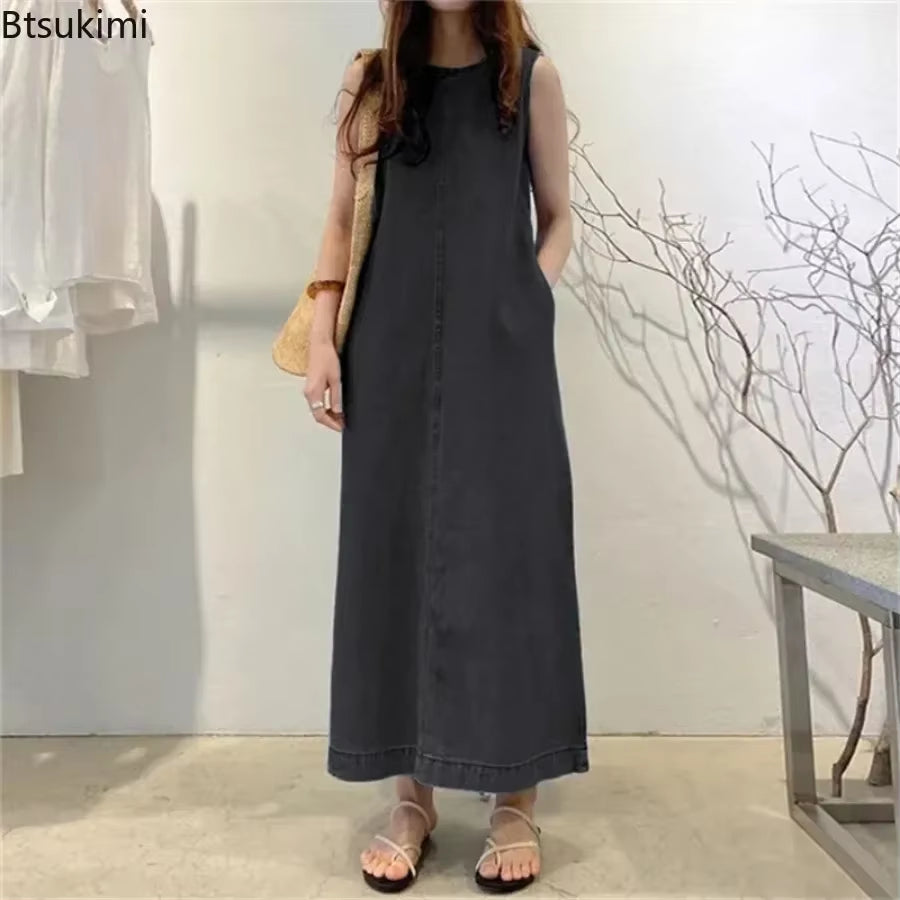 2026 Women'S Summer Sleeveless Jeans Dress Simple Style Solid Elegant Dress Robe Female Pocket Design Commuter Gown Dress 5XL