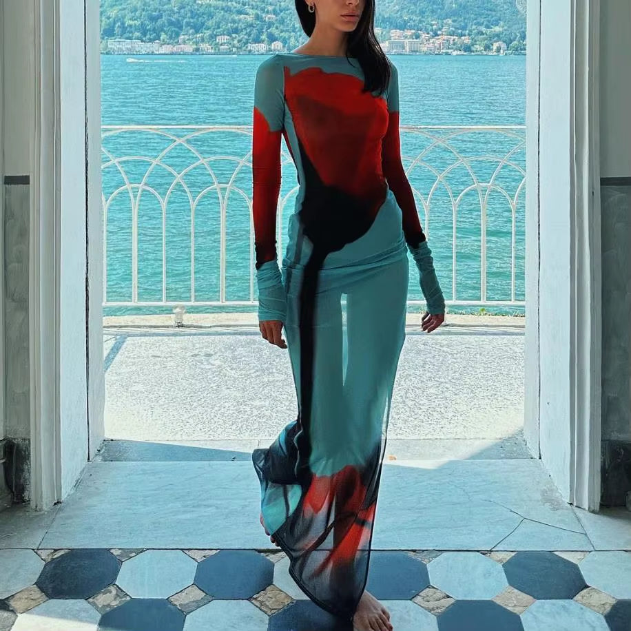 Sexy Women’S Slim Fit Long Dress Cover-Ups Sheer Mesh Long Sleeve Floral Print Beach Dress Side Split Bikini Cover-Ups