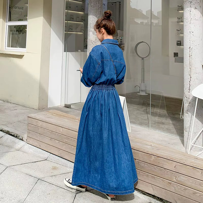 Long Sleeve Denim Dress Women 2021 Spring Summer Fashion Korean Style Maxi Ankle-Length Jeans Ladies Clothes Luxury Outwear