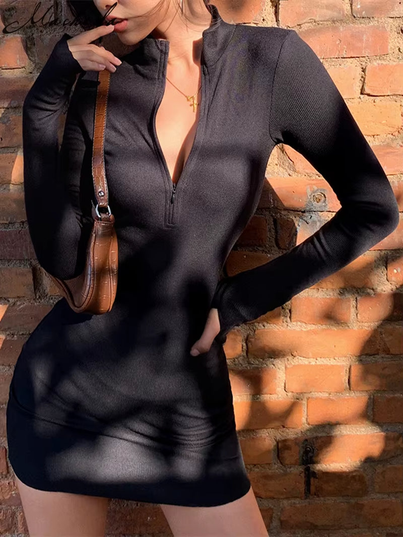 Elegant Autumn Winter Black Bodycon Dress Women 2022 Turtleneck Slim Ribbed Knitted Long Sleeve Mini Dress Vestido