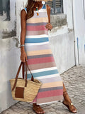 Striped Colorblock Split Hem Tank Dress Elegant Crew Neck Sleeveless Dress for Spring Summer Women'S Clothing