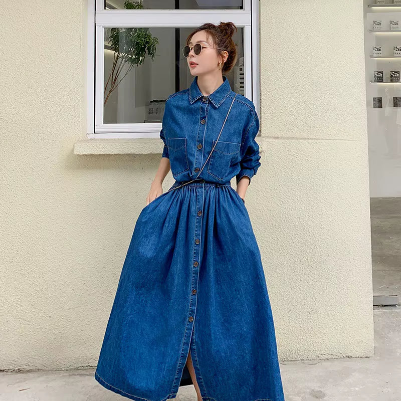 Long Sleeve Denim Dress Women 2021 Spring Summer Fashion Korean Style Maxi Ankle-Length Jeans Ladies Clothes Luxury Outwear