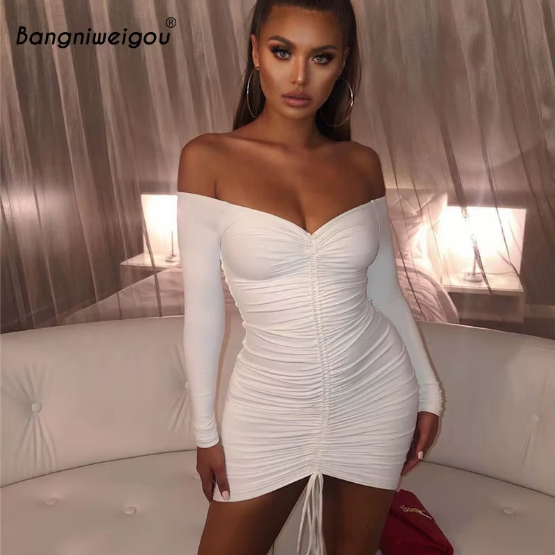 Drawstring Ruched Mini Dress Women off Shoulder Long Sleeve Autumn Pleat White Bodycon Dress Party Clubwear Blue