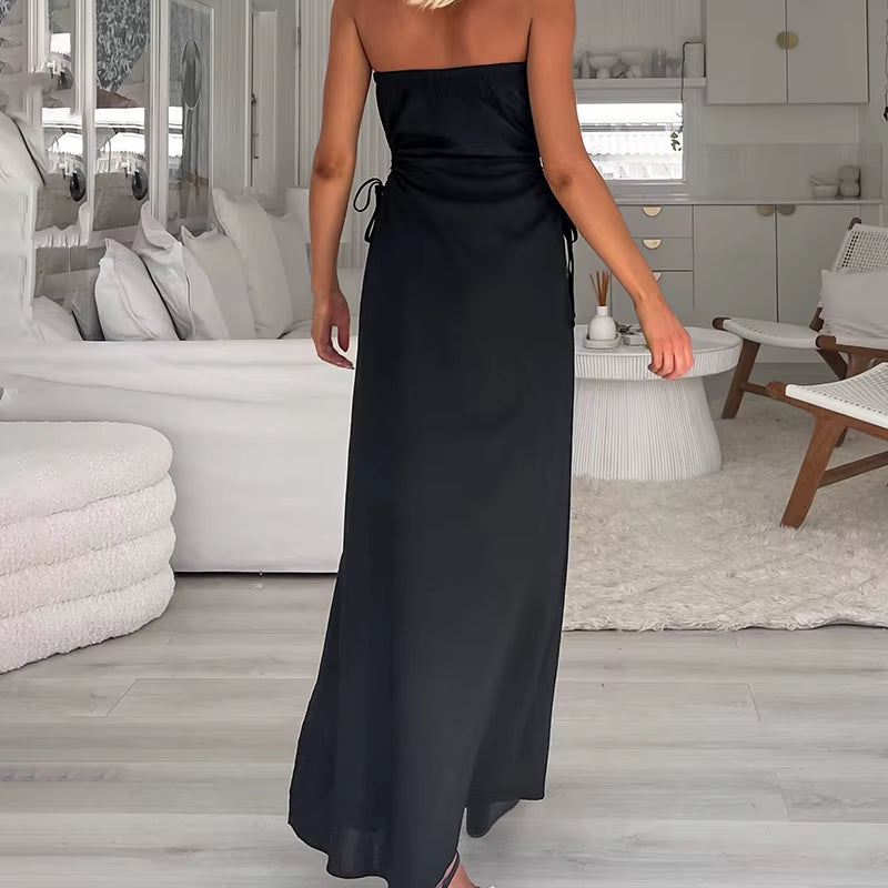 Sexy Solid Dress New Women Summer Split Strapless Slim A-Line Dress Female Fashion off Shoulder Club Elegant Party Maxi Dress