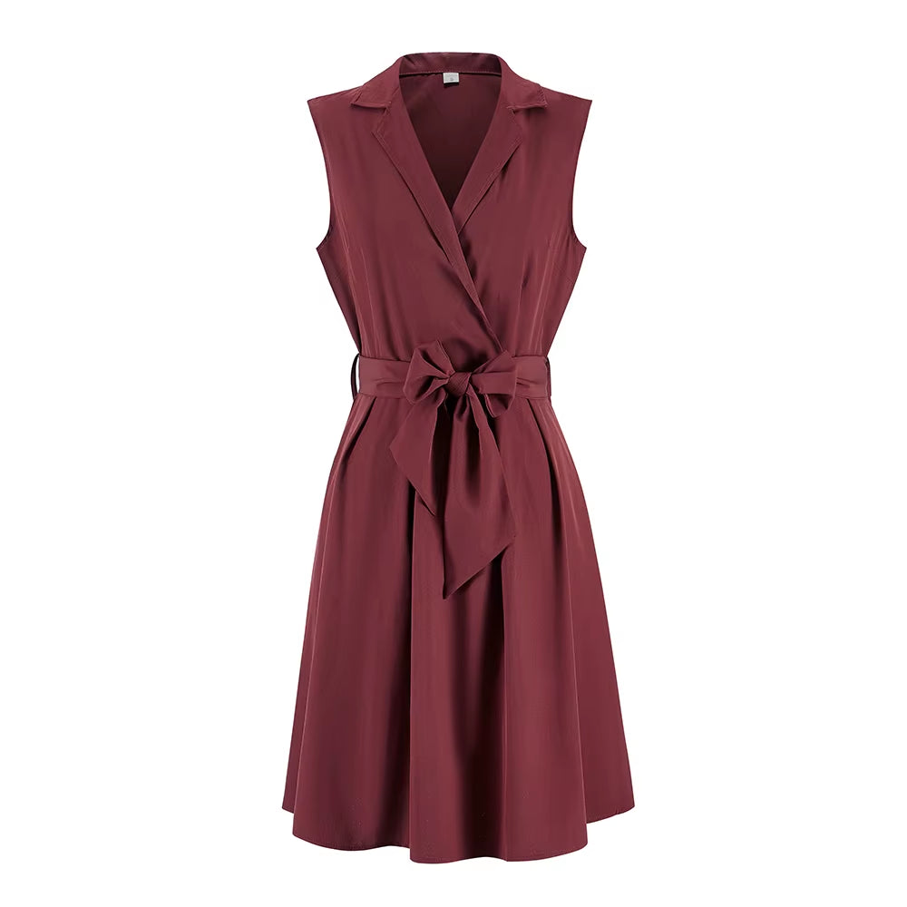 Women Dresses Sleeveless Notched Solid Navy Blue with Bow Sashes Summer A-Line Beach Office Dress 2025 Burgundy Party Vestidos